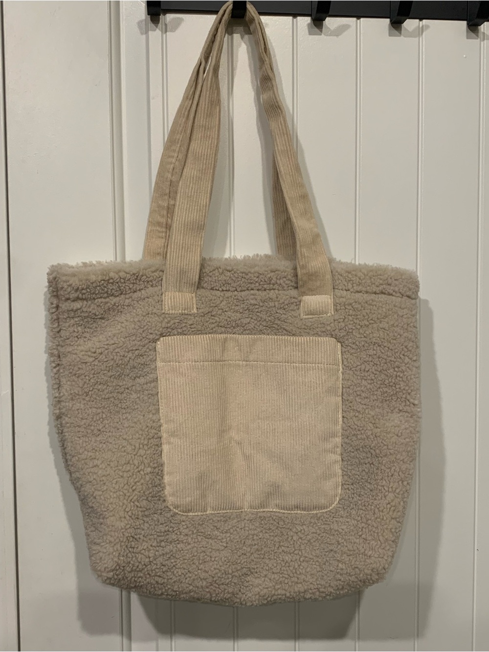 American Eagle Beige Sherpa Tote with Corduroy Front Pocket